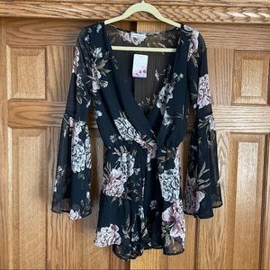 Black Floral Romper with Flare Sleeve